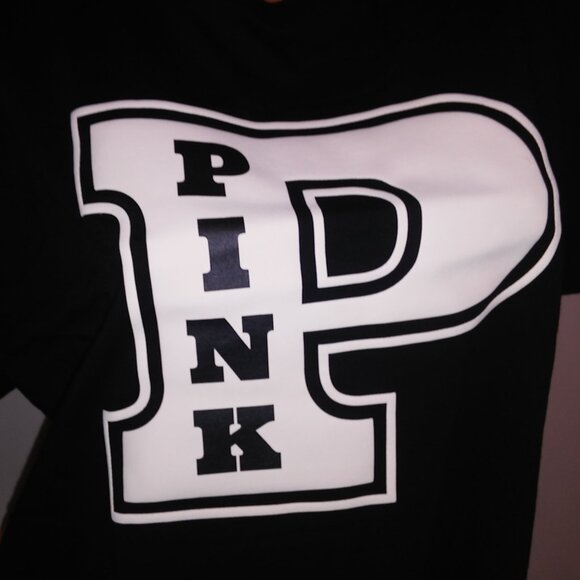 Victoria Secret PINK T Shirt‎ Black Cream Logo Crew Neck Short Sleeve Campus Tee - Picture 8 of 12